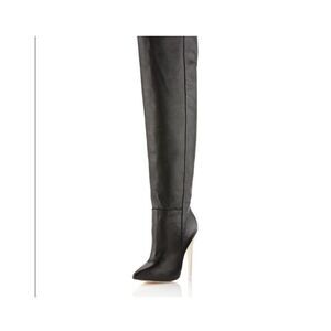 L.A.M.B. Black Hylda‎ Over Knee Leather Boot - White Stiletto 5" Heels Size 6